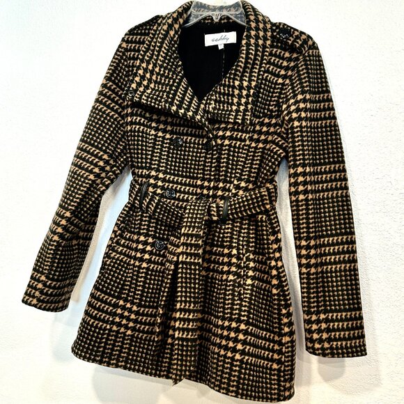 Sebby Houndstooth Large Pea Coat Jacket Black Brown Belted Pockets EUC Button Up - Picture 5 of 9